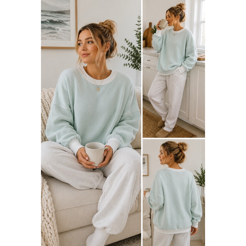 ETCYY Oversized Soft Knit Sweatshirt Women L Mint Green NWT Ribbed Trim Pullover